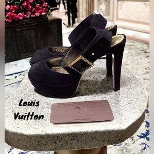 LOUIS VUITTON BLACK SUEDE PEEP TOE ANKLE STRAP PLATFORM HIGH HEEL SANDAL SHOE 35